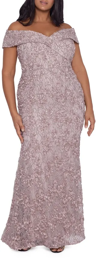 Off the Shoulder Embroidered Lace Gown