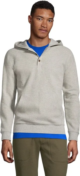 Lands' End Men's Long Sleeve Waffle Henley Hoodie - Medium - Gray Heather