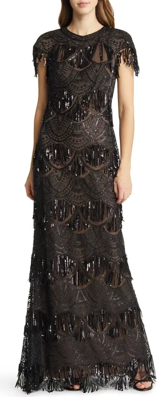Sequin Lace Fringe Sleeve Gown