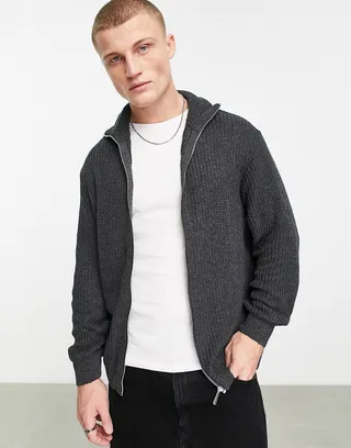 ASOS DESIGN knit oversized fisherman rib zip up sweater in charcoal