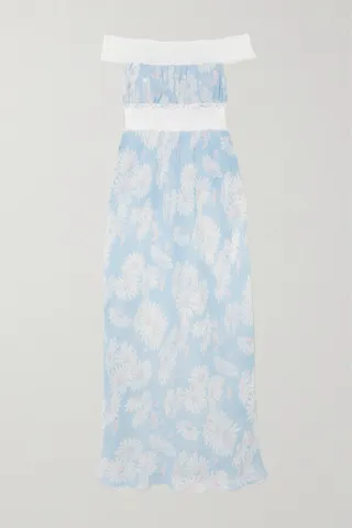 Loretta Caponi - Ambrosia Lace-trimmed Floral-print Silk-georgette Nightdress - Blue