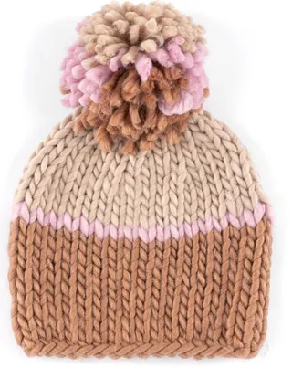 Shiraleah Vermot Pink and Tan Color Block Beanie with Pom