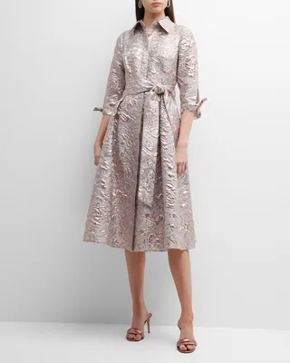 Belted Metallic Jacquard Midi Shirtdress