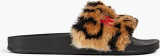 Embroidered leopard-print faux fur slides