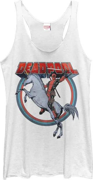 Women's Marvel Deadpool Rides Unicorn Racerback Tank Top - White Heather - Small