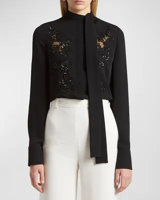 Sequin-Embellished Lace Neck-Tie Silk Blouse