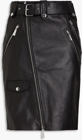 Zip-detailed belted leather mini skirt