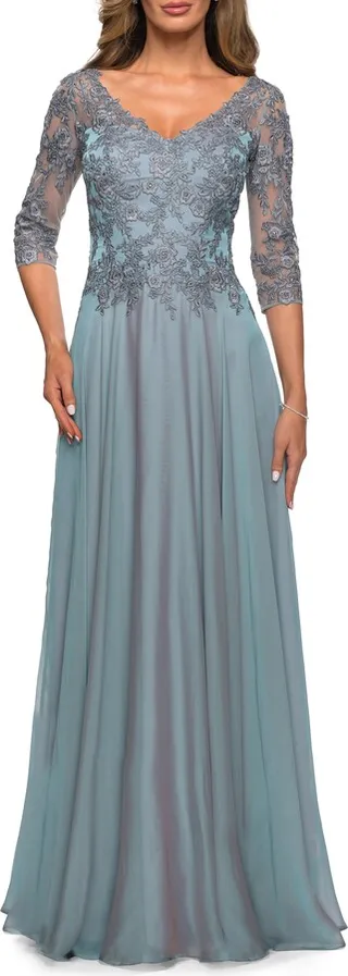 Lace Bodice Chiffon A-Line Gown