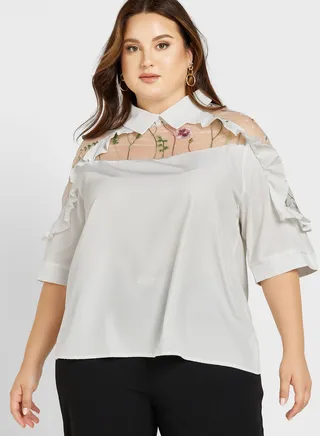 Mesh Cutout Frill Detail Top