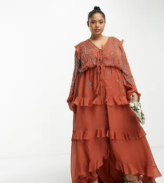 ASOS DESIGN Curve soft midi dress with button front and trailing floral embellishment in rust