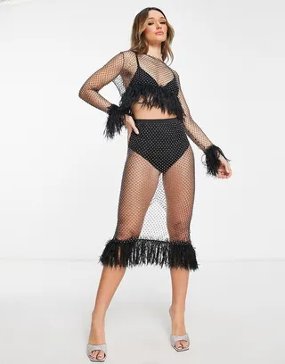ASOS DESIGN midi skirt with square embellishment and faux feather trim in black - part of a set