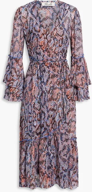 Elora ruffled snake-print chiffon midi wrap dress