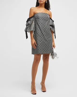 Polka-Dot Bow Off-The-Shoulder Gingham Dress