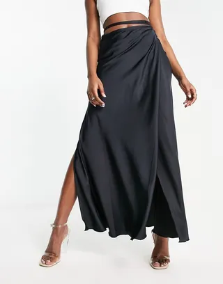 Weekday Jolie satin wrap midi skirt in black