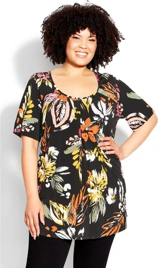 AVENUE | Women's Plus Size Liv Pleat Front Tunic - tangerine floral - 16W