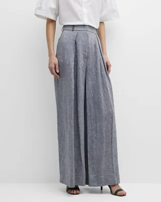 Pleated Wide-Leg Linen Canvas Pants