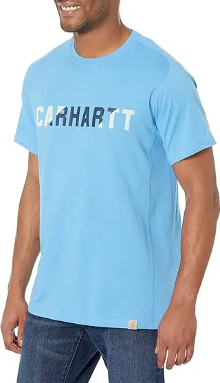 Carhartt Force Relaxed Fit Midweight Short Sleeve Block Logo Graphic T-Shirt (Azure Blue) Men's Clothing