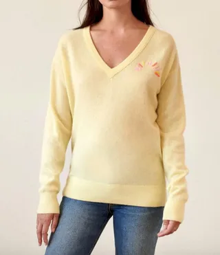 Cashmere Embroidered Sunburst V-Neck Sweater in Sunshine Yellow