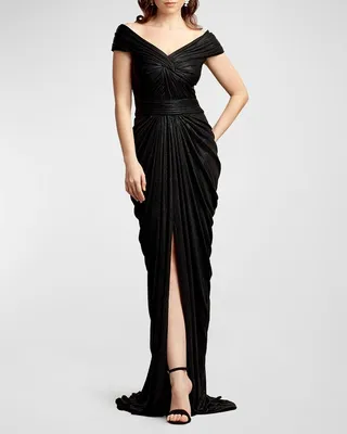 Draped Off-Shoulder Metallic Jersey Gown