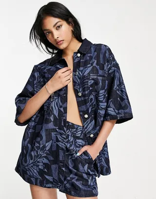 Topshop palm laser print lightweight denim shirt in indigo - part of a set