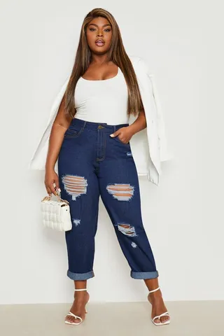 Plus Ripped Distressed High Waist Mom Jeans