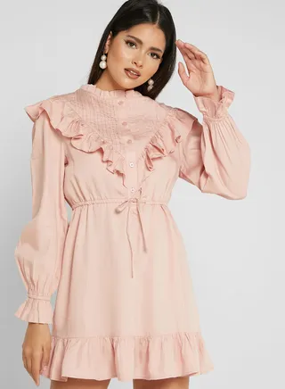 Button Detail Ruffle Hem Dress