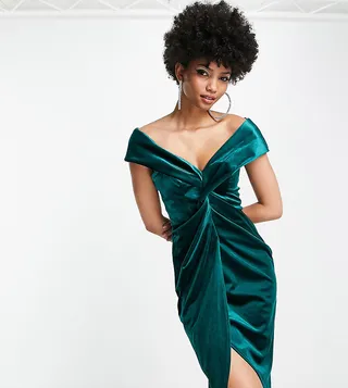 ASOS DESIGN Tall off shoulder twist front wrap velvet midi dress in green