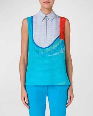 Pool-Print Front-Zip Collared Crepe De Chine Blouse