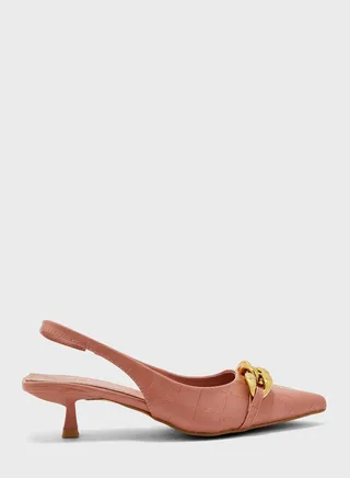 Chunky Chain-Embellished Slingback Mid Heel Pumps