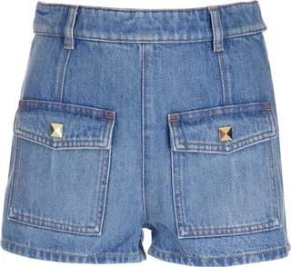 Valentino Logo Patch Stud Detailed Denim Shorts