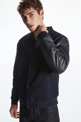 Leather-Sleeve Wool Bomber Jacket