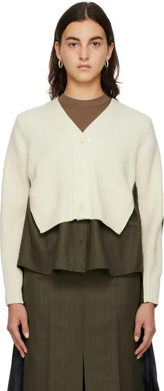 sacai Off-White & Khaki Paneled Cardigan