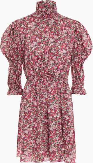 Gathered floral-print cotton-voile mini dress