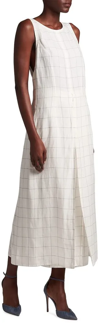 Windowpane Check Sleeveless Linen Midi Dress