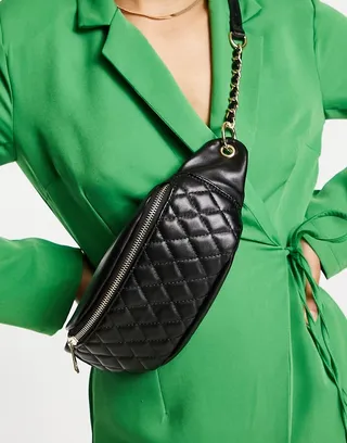 ASOS DESIGN quilted chain detail fanny pack in black