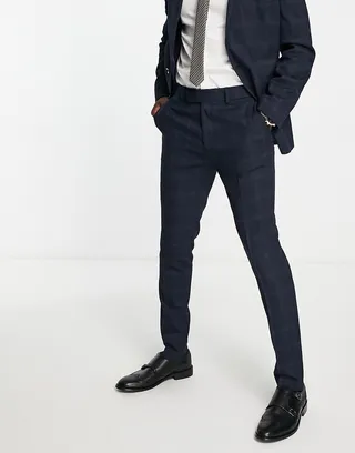 ASOS DESIGN skinny suit pants in navy and dark green windowpane check