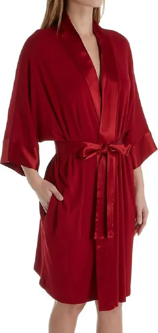 Shala Knit Robe With Pockets And Satin Trim in Red