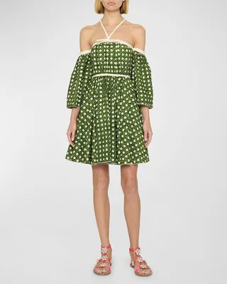 Woven-Print Halter Off-The-Shoulder Dress