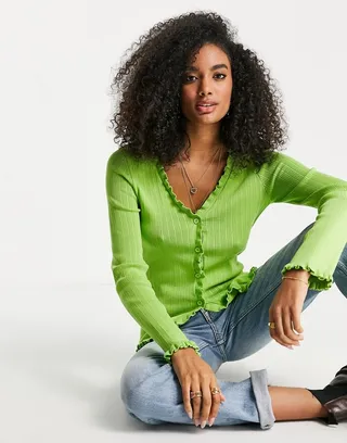 ASOS DESIGN cardi with frill detail in green