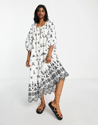 Topshop eyelet chuck on midi dress with contrast black stitch in ivory