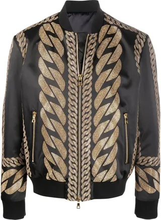 Studded-Chain Satin Bomber Jacket