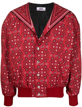 Cat-Print Floral Bomber Jacket