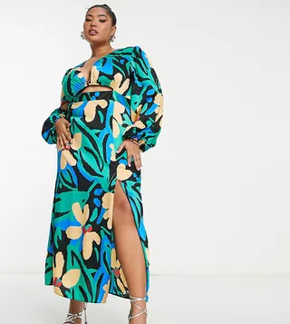 ASOS DESIGN Curve cutout satin midi dress in bright abstract print