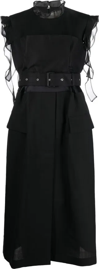 Ruffle-Trim Belted Midi Dress