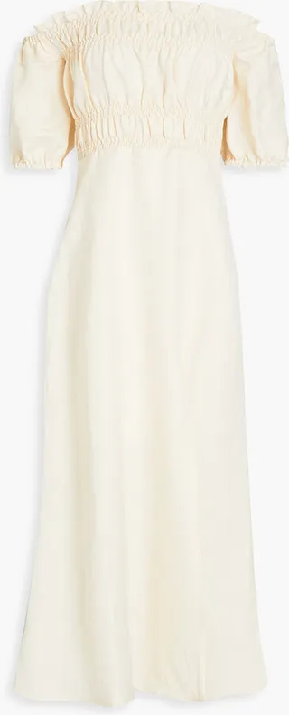 Louise off-the-shoulder gathered linen-blend midi dress