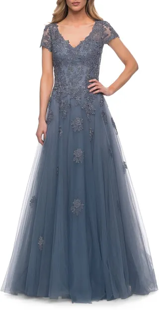 Floral Appliqué Tulle A-Line Gown