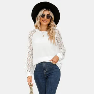 Women's Lace Raglan Sleeve Jersey Tee - Cupshe-L-White