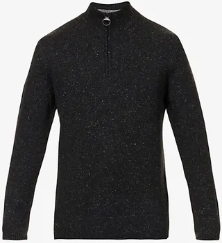 Mens Black Half-zip Regular-fit Wool-blend Jumper