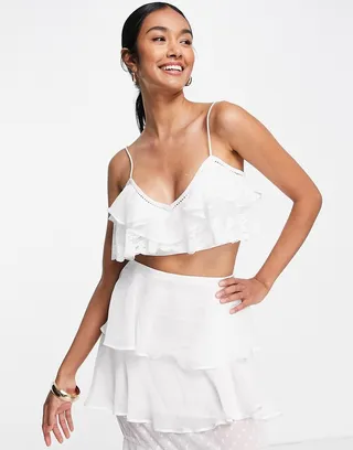 ASOS DESIGN soft ruffle cami crop top with lace inserts in ivory - part of a set