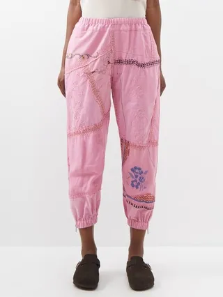 Upcycled Floral-embroidered Linen Cropped Trousers
